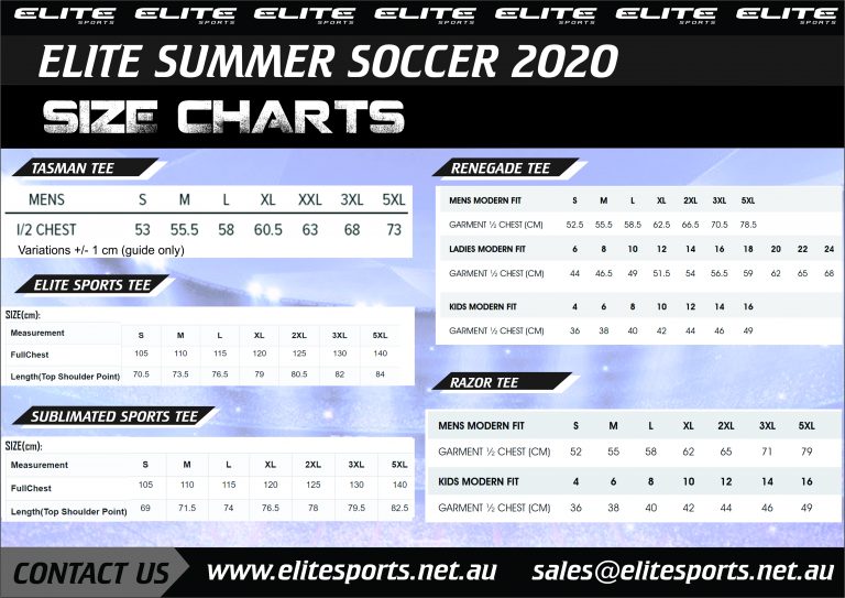 Sportswear Size Charts Elite Sports