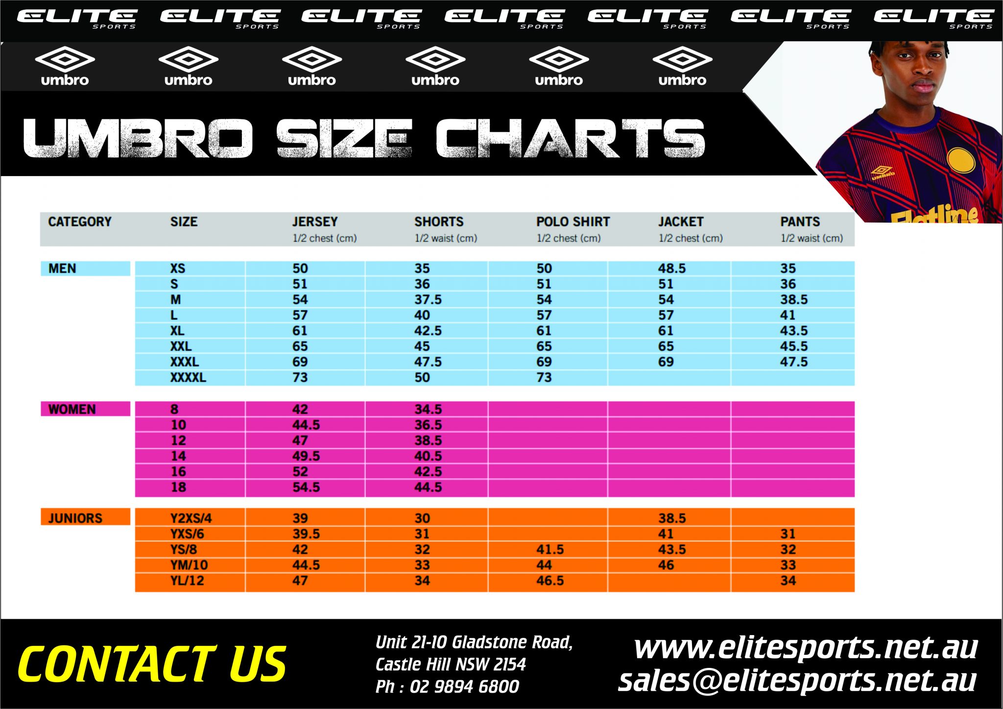 Sportswear Size Charts Elite Sports