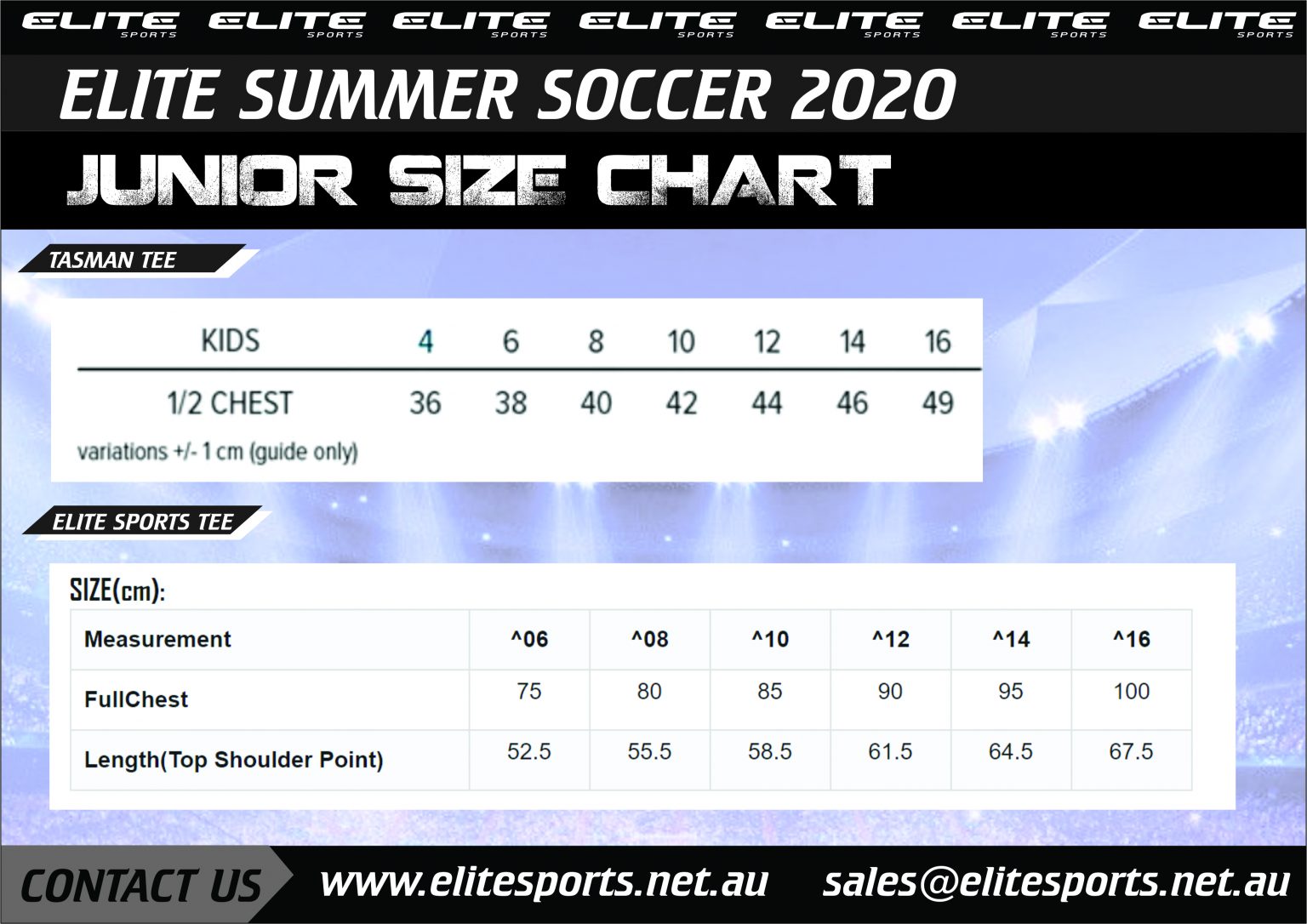 Sportswear Size Charts Elite Sports