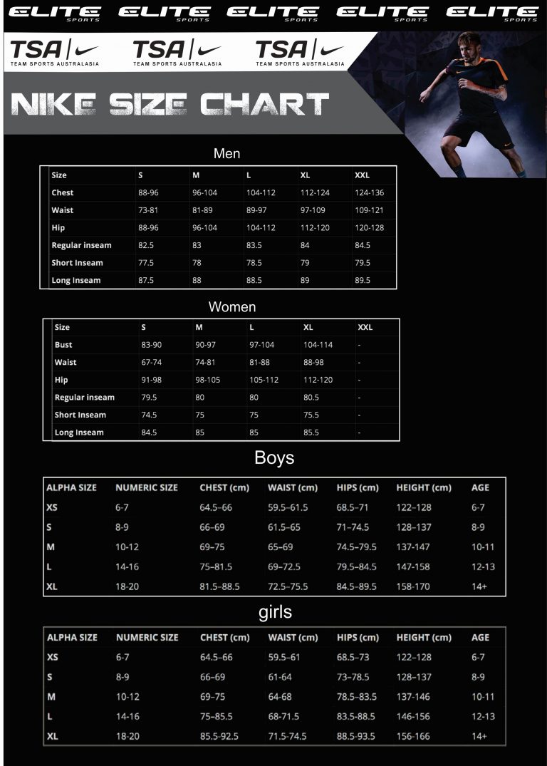 Sportswear Size Charts Elite Sports